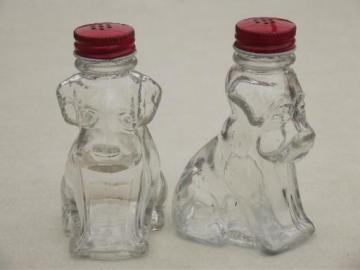 vintage glass dogs salt & pepper shakers, glass S&P shaker jars w/ metal lids