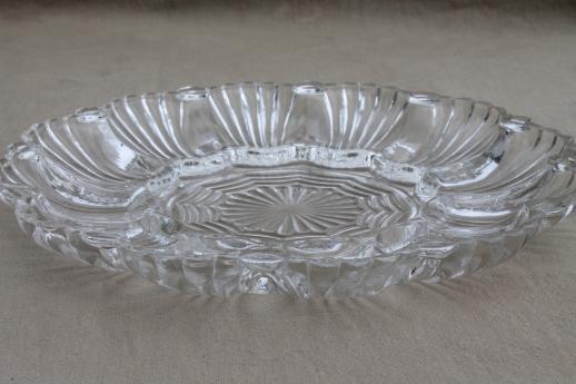 vintage glass egg plates, clear glass deviled egg trays, milk glass divided egg plate