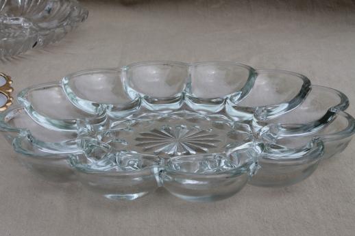 vintage glass egg plates, clear glass deviled egg trays, milk glass divided egg plate