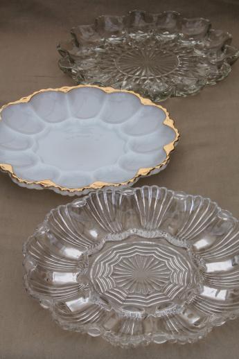 vintage glass egg plates for deviled eggs, milk glass & clear glass egg plate trays