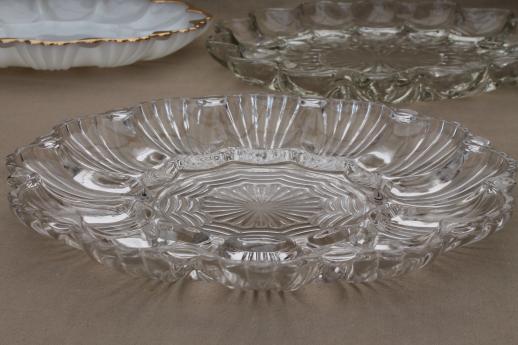 vintage glass egg plates for deviled eggs, milk glass & clear glass egg plate trays