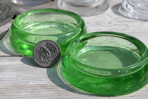 vintage glass furniture coasters sliders, green depression & clear glass
