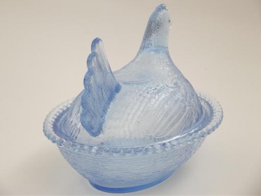 vintage glass hen on nest covered dish, pastel blue Indiana glass