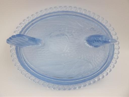 vintage glass hen on nest covered dish, pastel blue Indiana glass