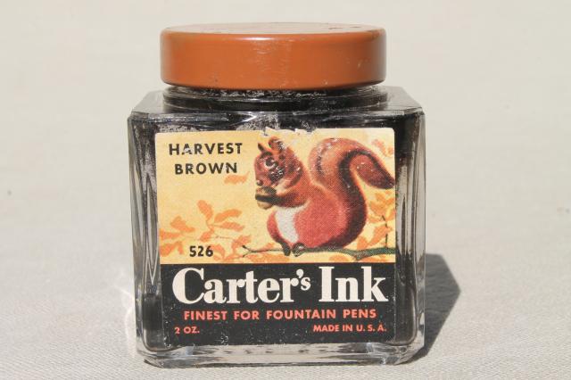 vintage glass ink bottle, Carter's paper label w/ nut brown squirrel art