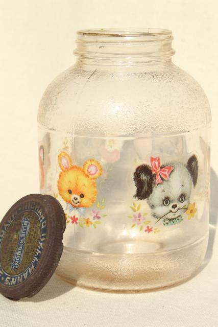 vintage glass jar w/ 1950s baby animal decals, sweet old nursery decor