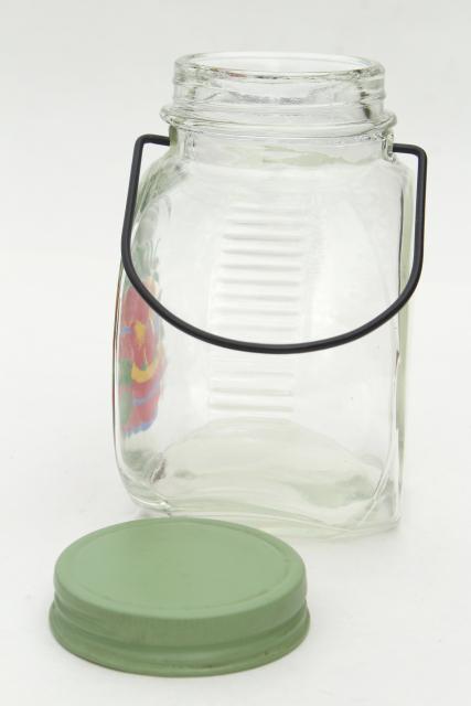vintage glass jar kitchen canister w/ wire handle, retro fruit decal, jadite green lid