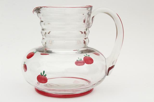 vintage glass juice pitcher w/ hand painted tiny red tomatoes, retro kitchen glassware