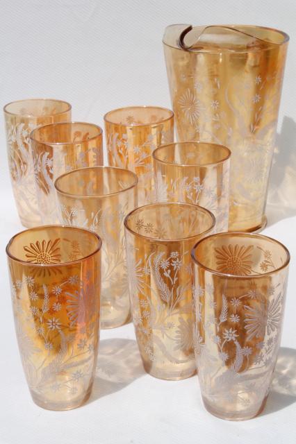 vintage glass lemonade set pitcher & glasses Jeannette cosmos white flowers marigold carnival luster