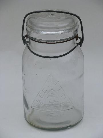 vintage glass lightening lid Security Seal mason canning jar, embossed logo