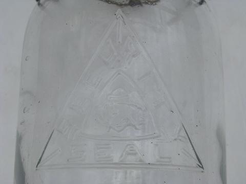 vintage glass lightening lid Security Seal mason canning jar, embossed logo