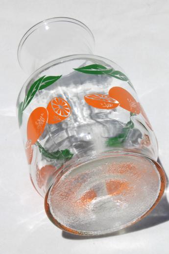 vintage glass orange juice bottle, oranges print glass refrigerator pitcher carafe