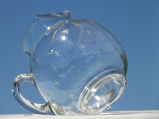 vintage glass pitcher & ten glasses, six-pointed star pattern w/ grey cut stars