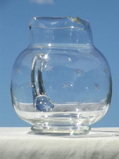 vintage glass pitcher & ten glasses, six-pointed star pattern w/ grey cut stars