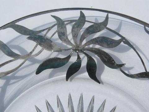 vintage glass plate, hand-painted silver deposit flower pattern