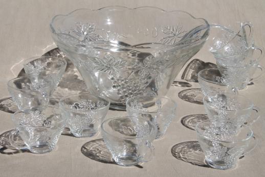 vintage glass punch set, harvest grapes pattern clear glass punch bowl & cups
