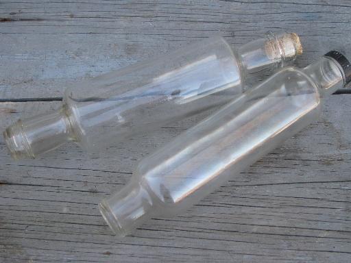 vintage glass rolling pin lot, 2 rolling pins w/ screw on lid, cork