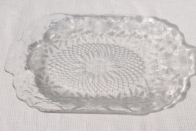vintage glass serving tray or platter, pineapple and floral clear pressed pattern glass
