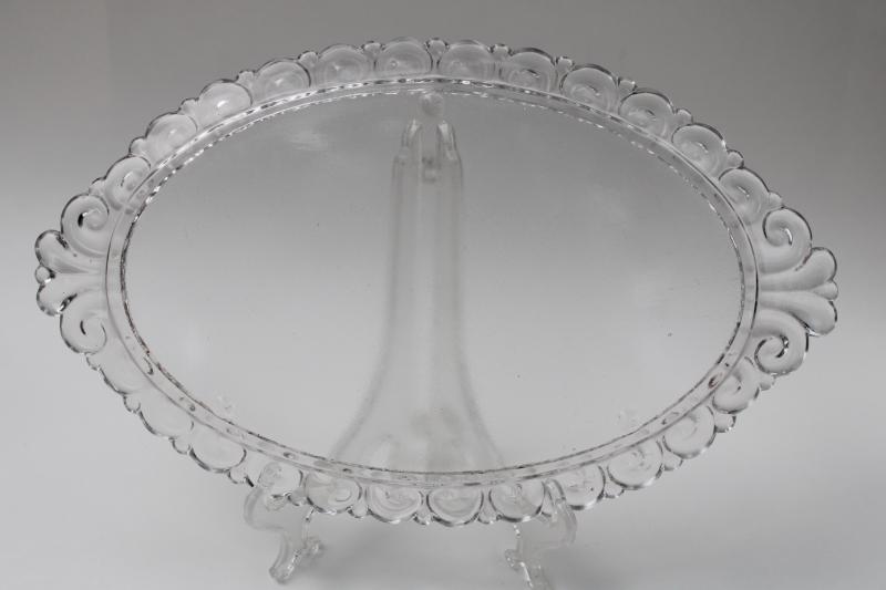 vintage glass tray, crystal clear heavy pressed glass ornate oval tray