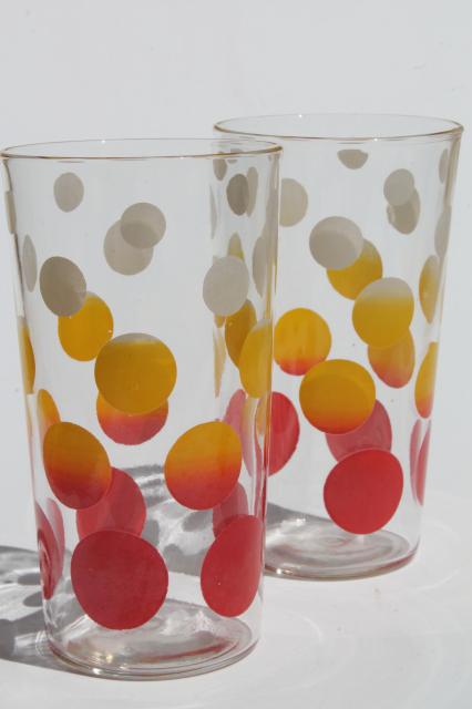 vintage glass tumblers, mod dots drinking glasses, orange yellow red ombre polka dot print