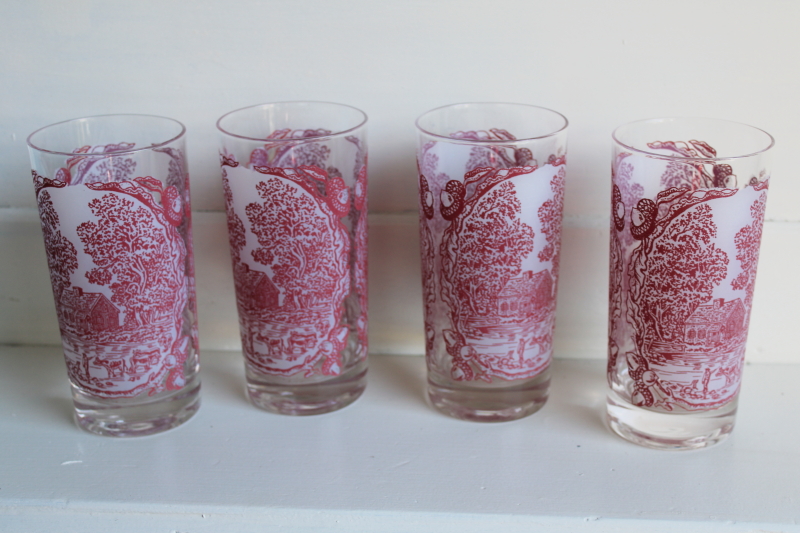vintage glass tumblers, red  white Currier and Ives pattern drinking glasses set