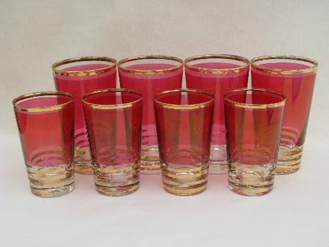 vintage glasses in two sizes, ruby stain flashed color w / gold