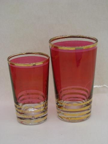 vintage glasses in two sizes, ruby stain flashed color w / gold
