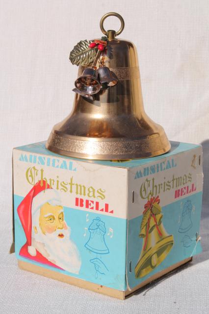 vintage gold aluminum Christmas bell, musical music box holiday decoration in original box