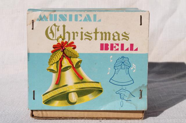 vintage gold aluminum Christmas bell, musical music box holiday decoration in original box