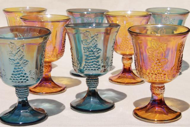 vintage gold & blue iridescent carnival glass, harvest grapes goblets wine glasses
