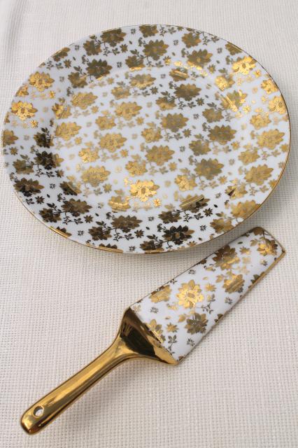 vintage gold chintz china cake plate & server w/ encrusted gold, German porcelain