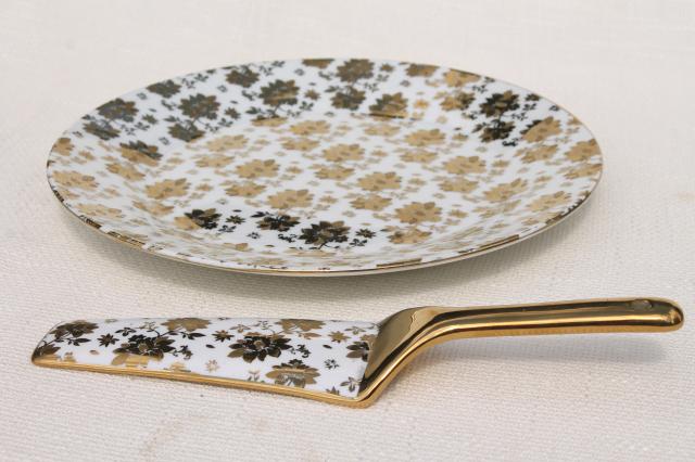 vintage gold chintz china cake plate & server w/ encrusted gold, German porcelain