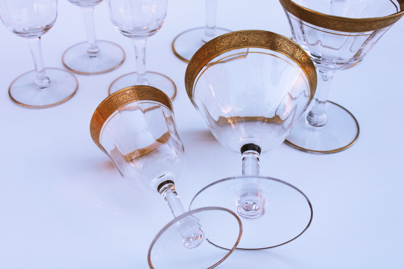 vintage gold encrusted Rambler Rose Tiffin stemware, champagne  wine glasses