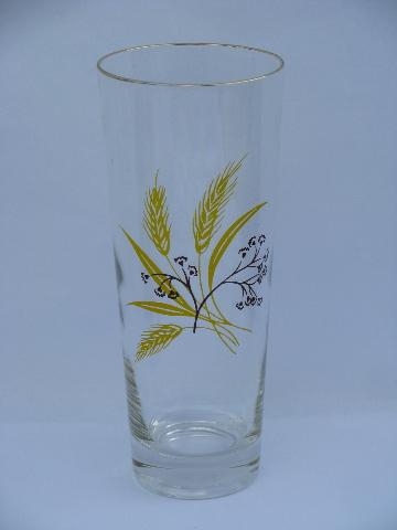 vintage gold golden wheat pattern ice tea glasses, tall glass coolers tumblers