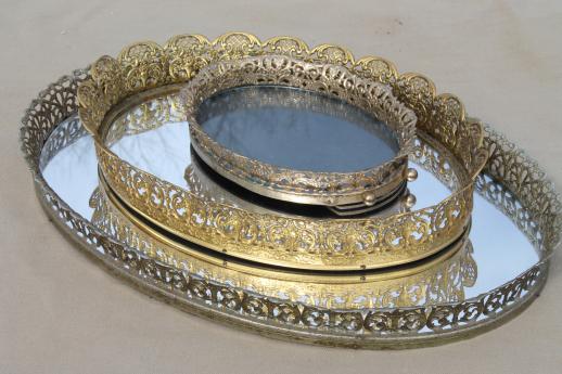 vintage gold lace filigree vanity tray mirrors, mirrored glass perfume trays