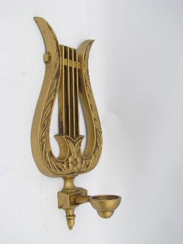 vintage gold metal lyres or harps, french provincial music room wall sconces