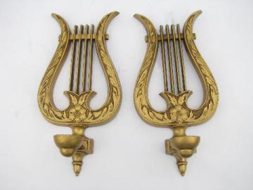 vintage gold metal lyres or harps, french provincial music room wall sconces