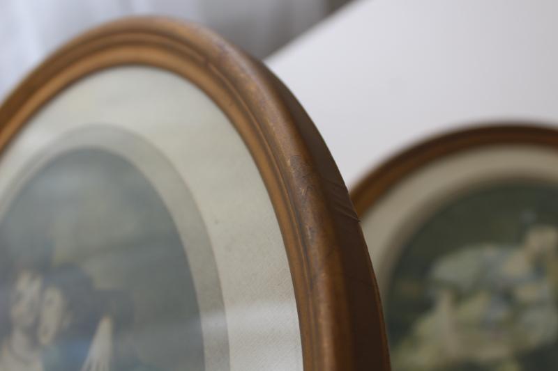 vintage gold painted tin picture frames, oval matted frames w/ romantic era prints