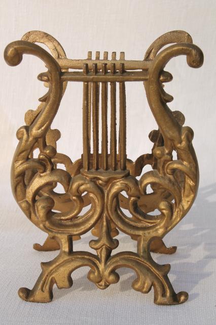 vintage gold rococo ornate cast metal lyre harp music stand / magazine rack