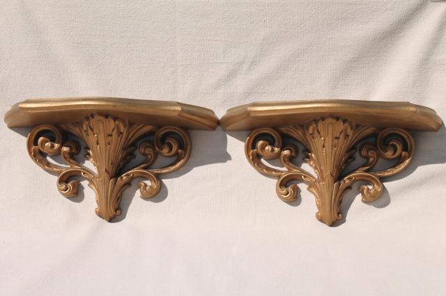 vintage gold rococo plastic wall bracket shelves, country French shabby chic style