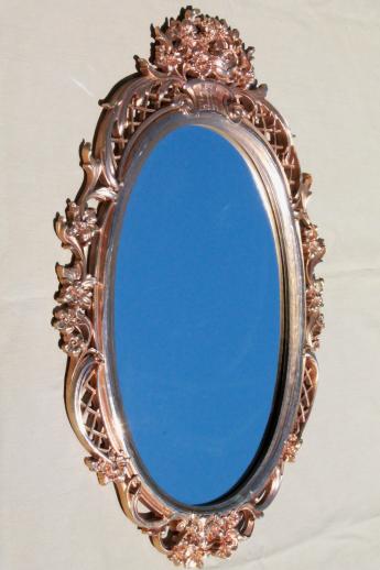 vintage gold rococo wall mirror, ornate Syroco Wood frame w/ oval glass