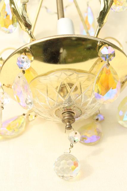 vintage gold swag lamp chandelier, hanging light w/ iridescent glass teardrop prisms