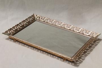 vintage gold tone metal lace filigree vanity mirror to stand, hang or use as table tray