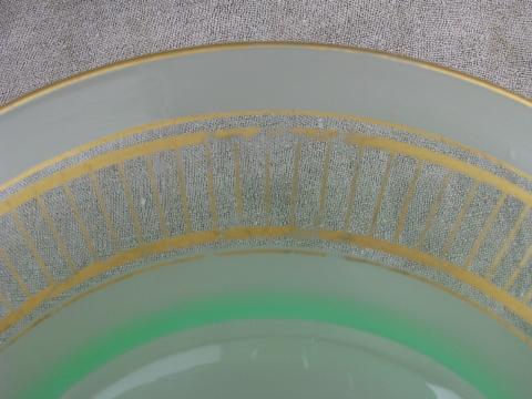 vintage gold trimmed green satin depression glass plates, vaseline glow