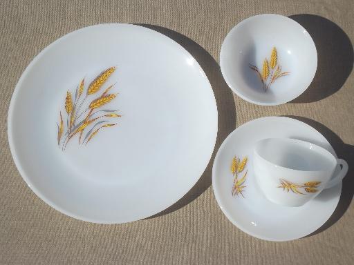 vintage gold wheat Fire-King glass dishes set for 4 plates, bowls, cups