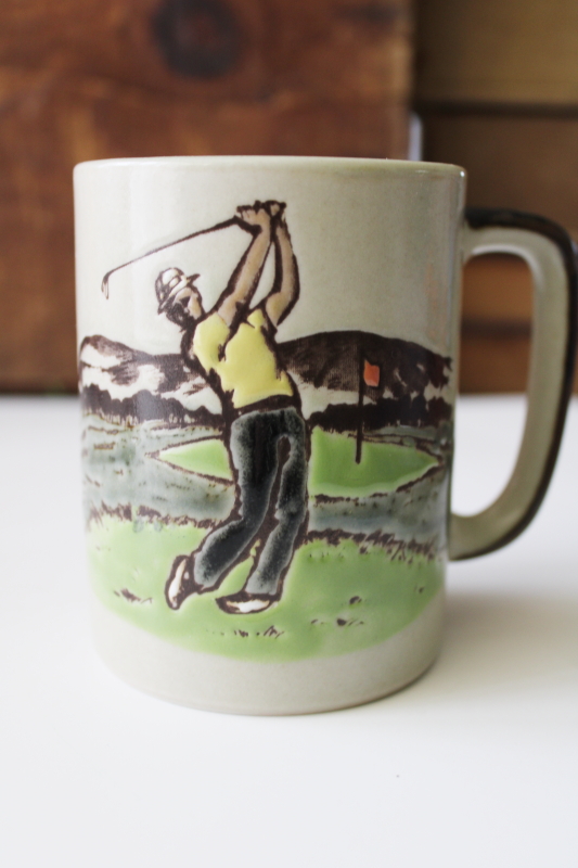 vintage golfer coffee cup, 1970s Otagiri Japan stoneware mug retro art