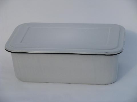 vintage graniteware enamel storage box w/ cover, fridge or kitchen bin