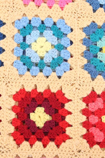 vintage granny square afghan, cozy cottage chic crochet wool throw flower garden colors