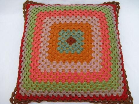 vintage granny square crochet, pair wool throw pillows