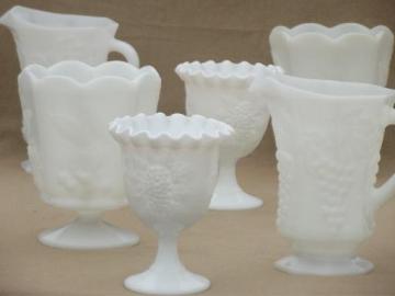 vintage grapes milk glass lot, pitchers, vases in different grape patterns 